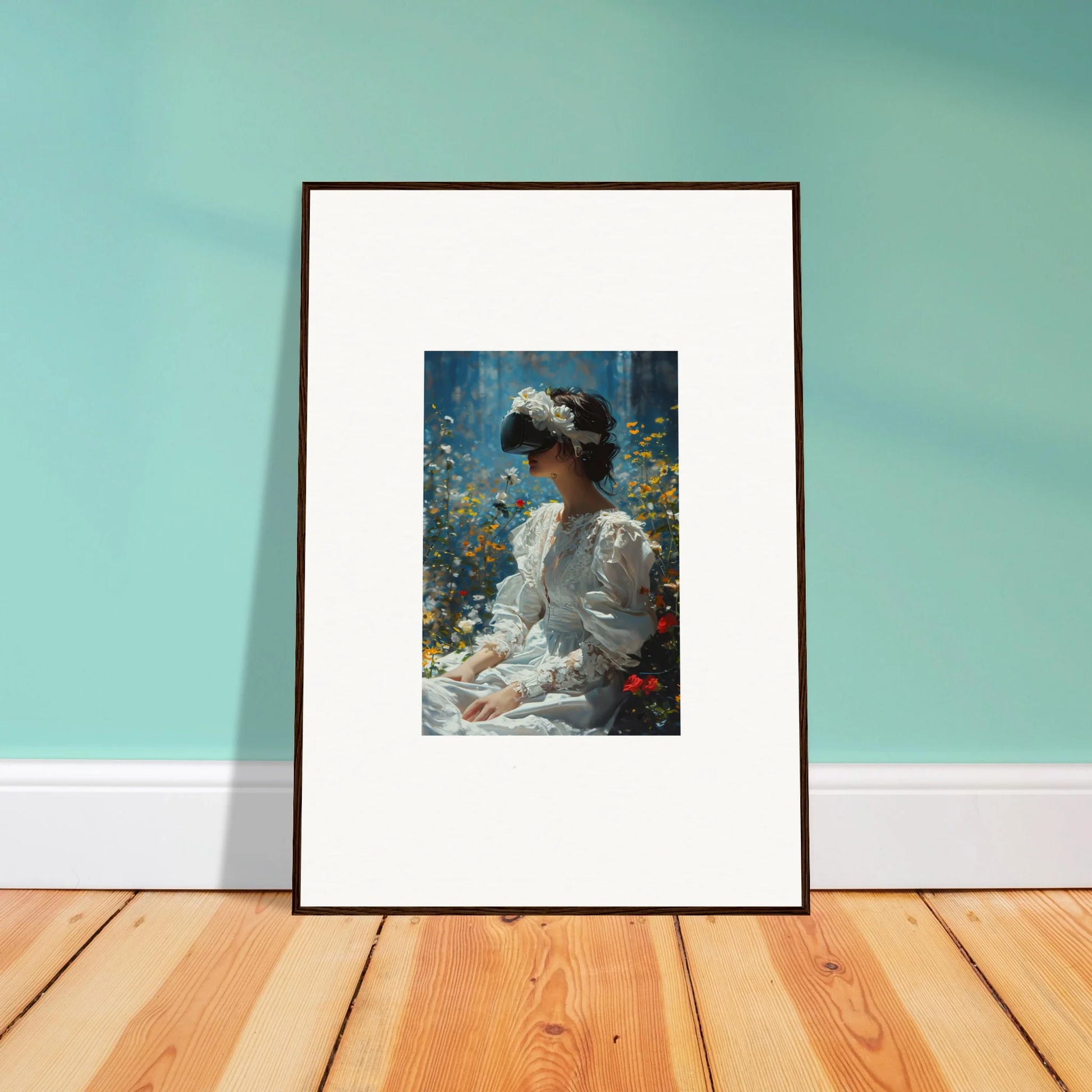 Framed canvas print of a person in white amidst blooming flowers for room decoration