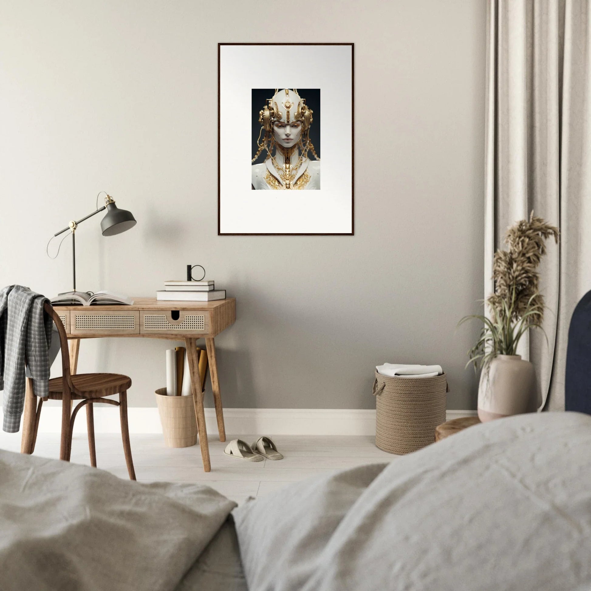 Framed canvas print of a golden figure, perfect for room decoration and flux radiance