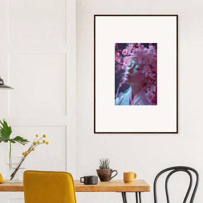 Framed canvas print of Sakura Dreams with pink and purple flowers on a blue background