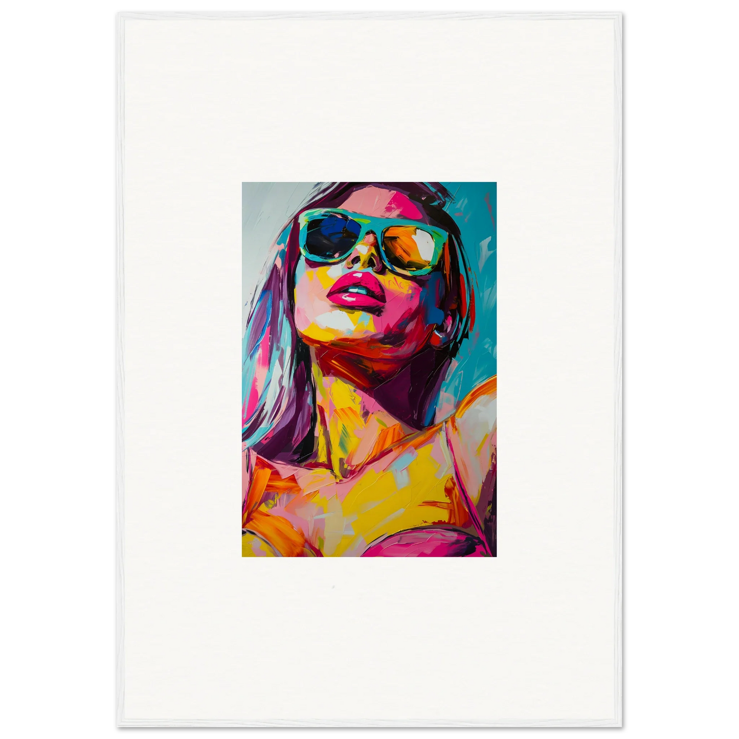 Vibrant portrait of a woman in sunglasses, perfect for a glance whisper room decoration