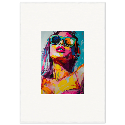 Vibrant portrait of a woman in sunglasses, perfect for a glance whisper room decoration