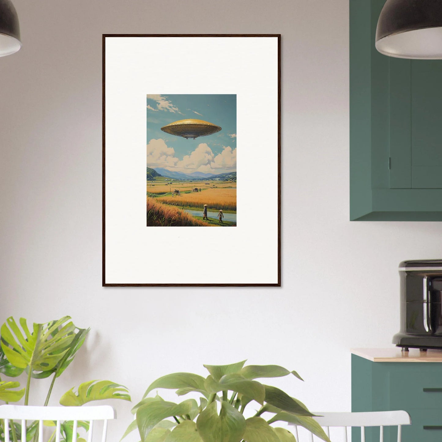 Framed canvas print of a UFO for unique room decoration in a hover query theme