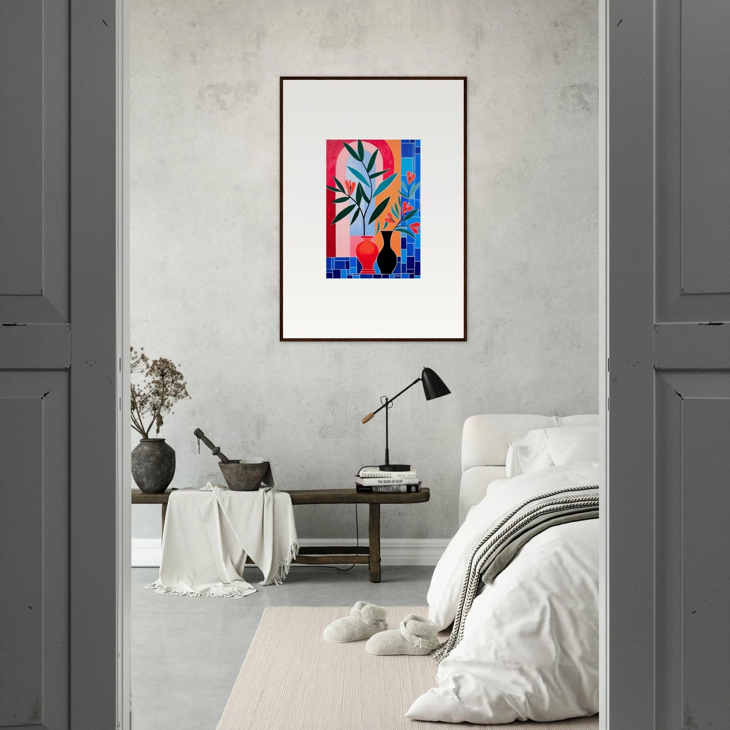 Framed wall art featuring vibrant geometric shapes for elegant room decor and ceramic blooms