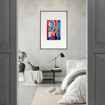 Framed wall art featuring vibrant geometric shapes for elegant room decor and ceramic blooms