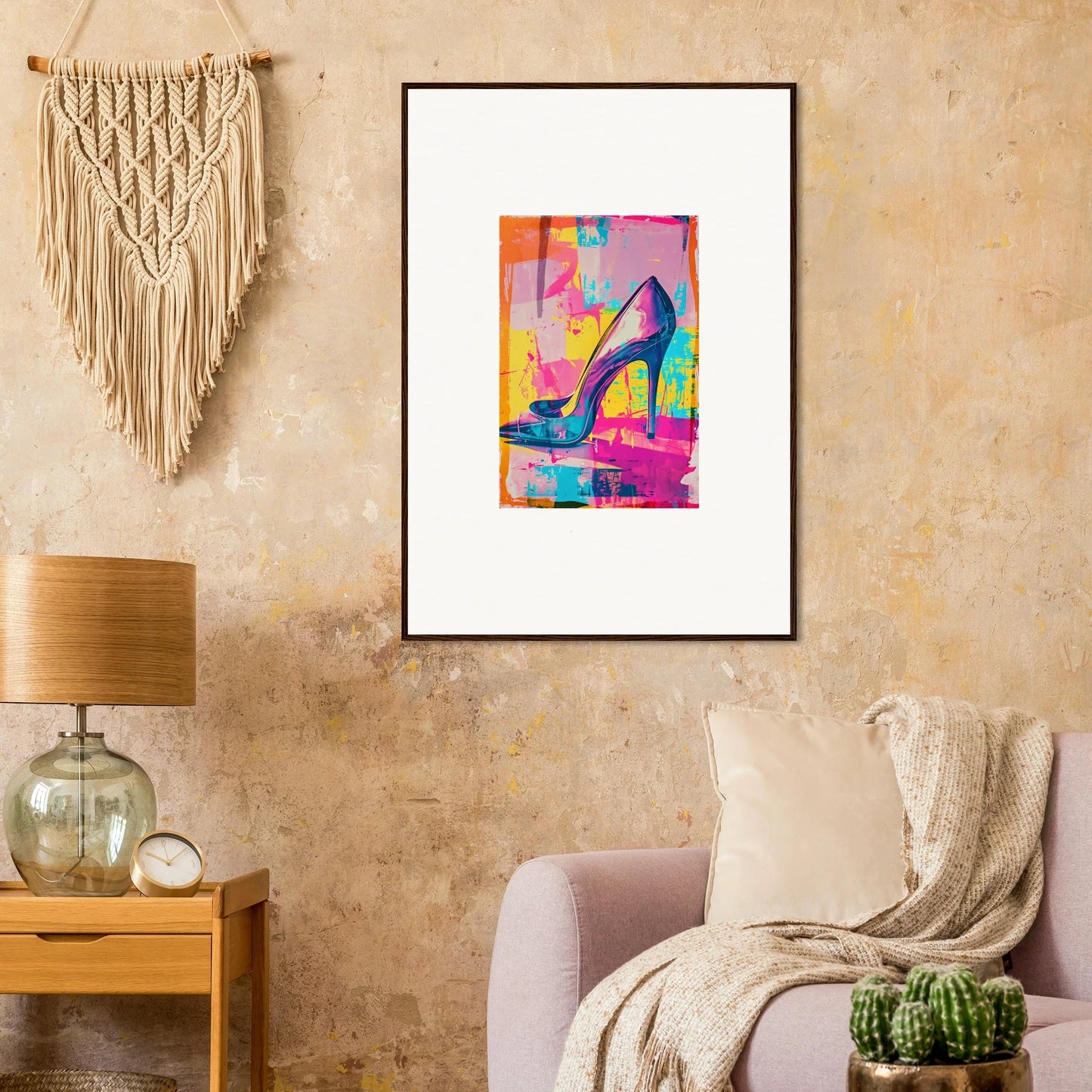 Colorful Pop Art Framed Wall Art of a High-Heeled Shoe for Room Decor and Heel Phenomenon