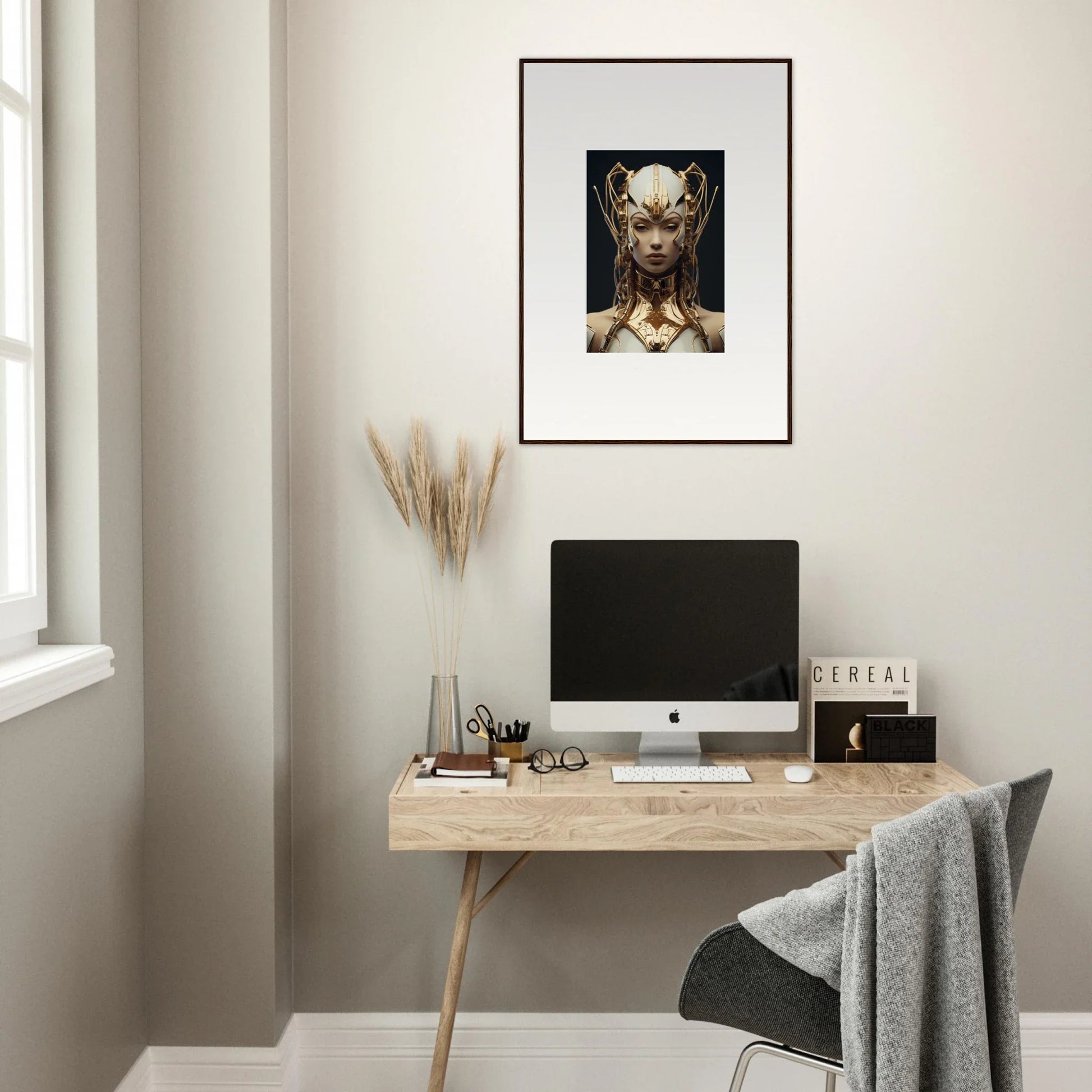 Minimalist home office with Wooden desk, computer, and Future Echoes Muse canvas print