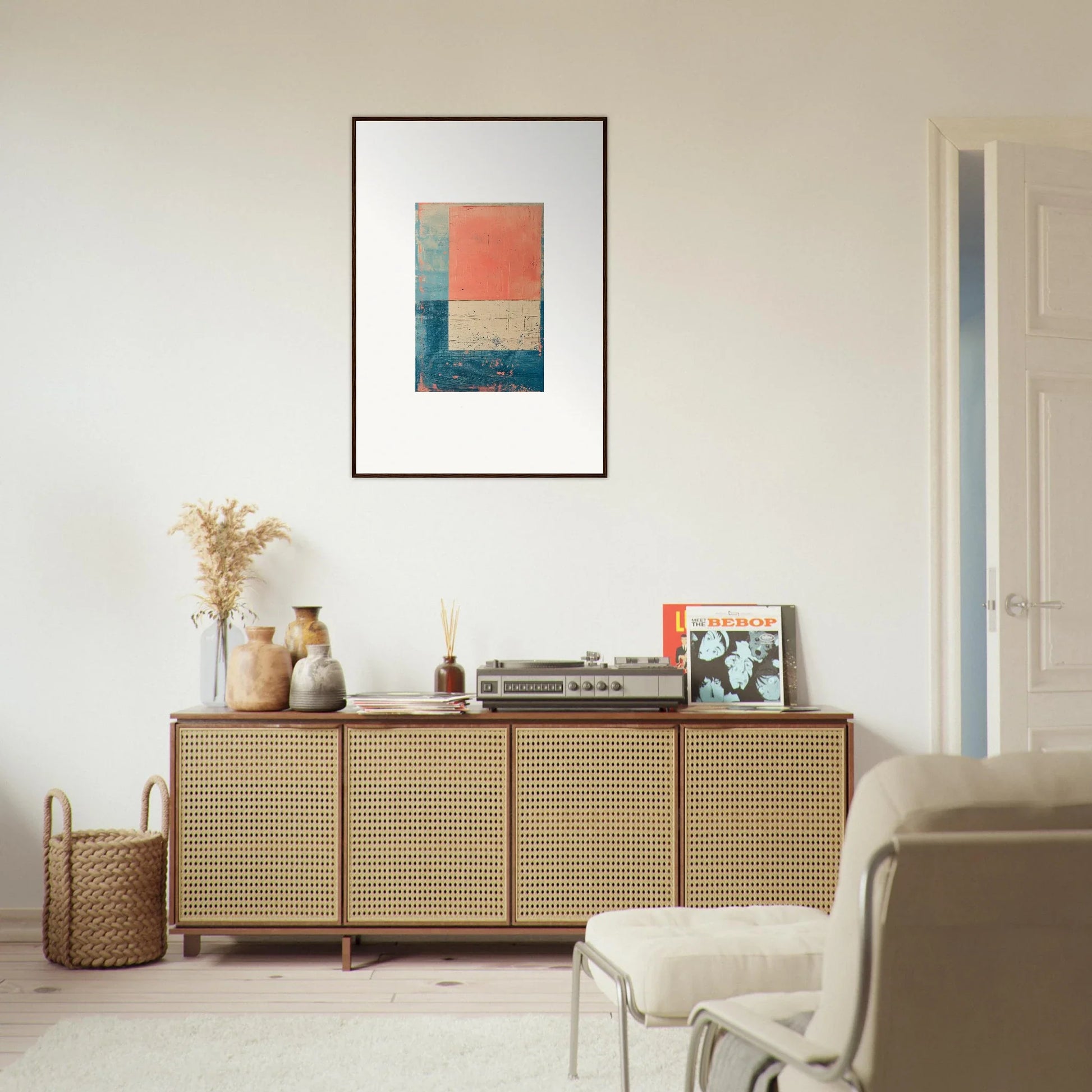 Wooden sideboard with cane doors and decor for stylish room decoration, inspired by Palette Whispers