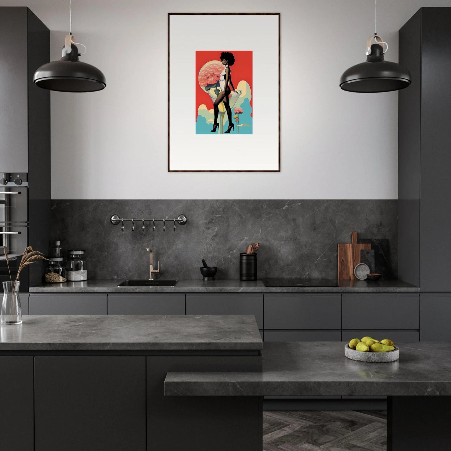 Modern kitchen with dark cabinetry and a colorful floral highs canvas print for room decoration