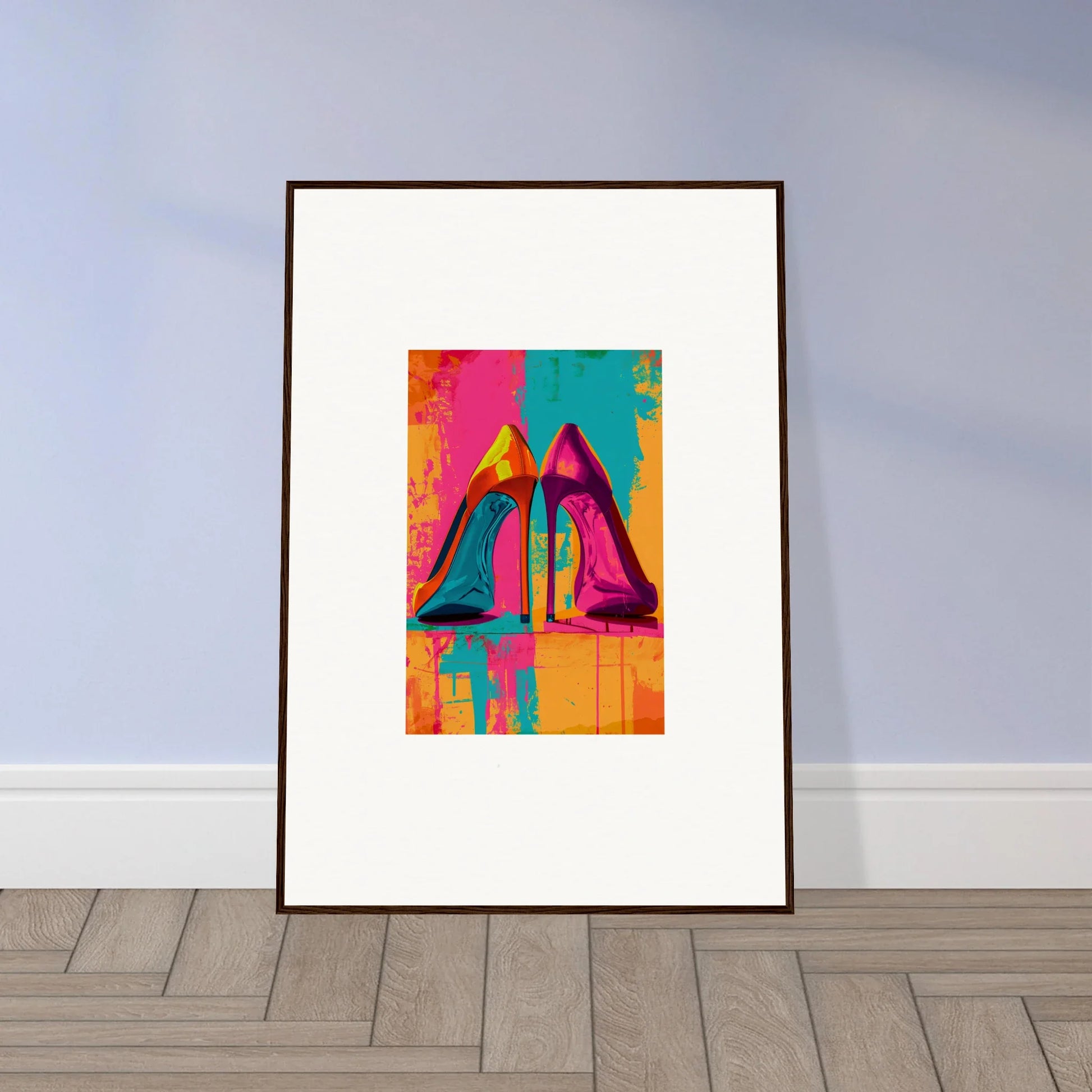 Framed pop art print of high-heeled shoes for stylish room decoration and wall art