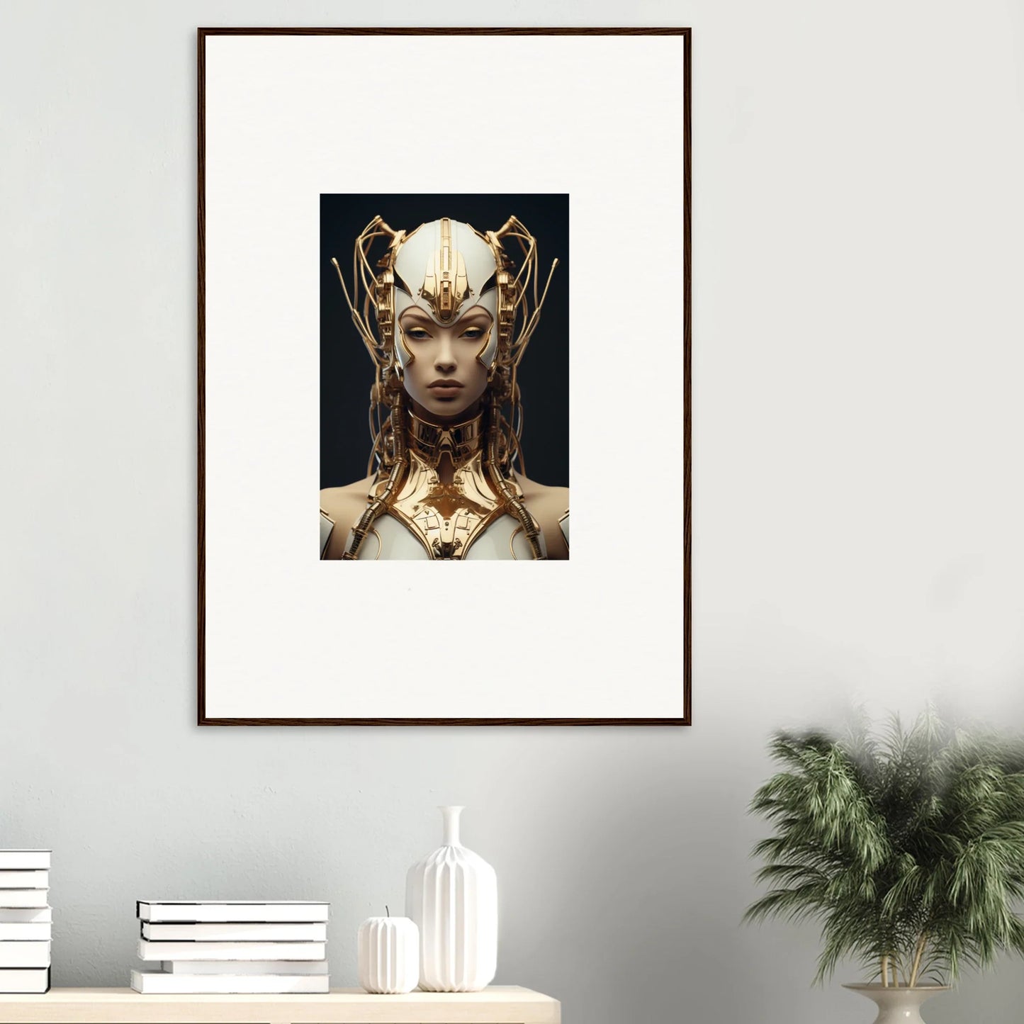 Framed portrait of a figure in a golden headdress, perfect for Future Echoes Muse room decoration