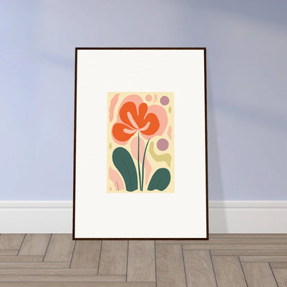 Framed canvas print of Vivid Echoes Whimsy with a vibrant orange flower and leaves