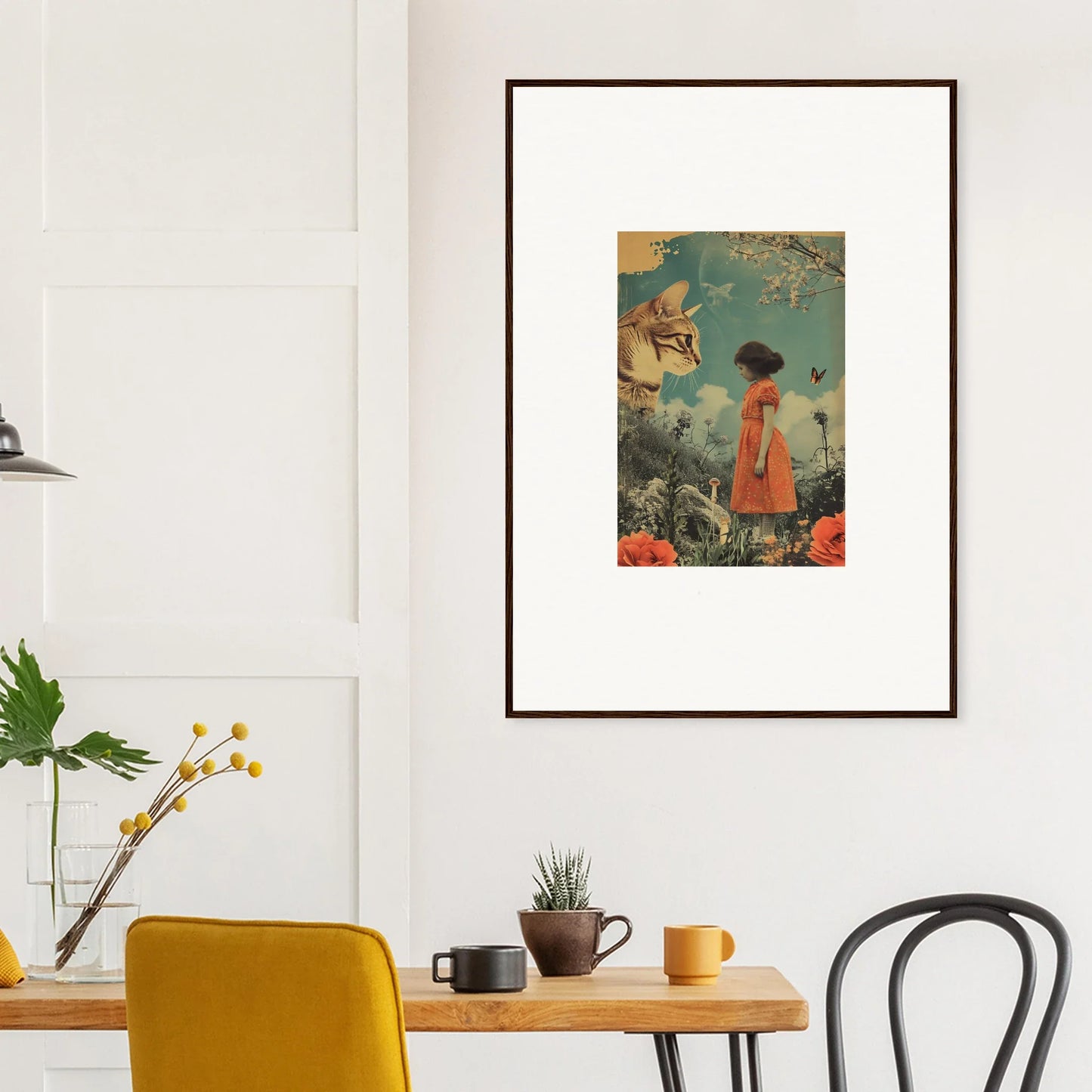 Framed canvas print of a figure in an orange coat with a cat, perfect for daydream whisperannels