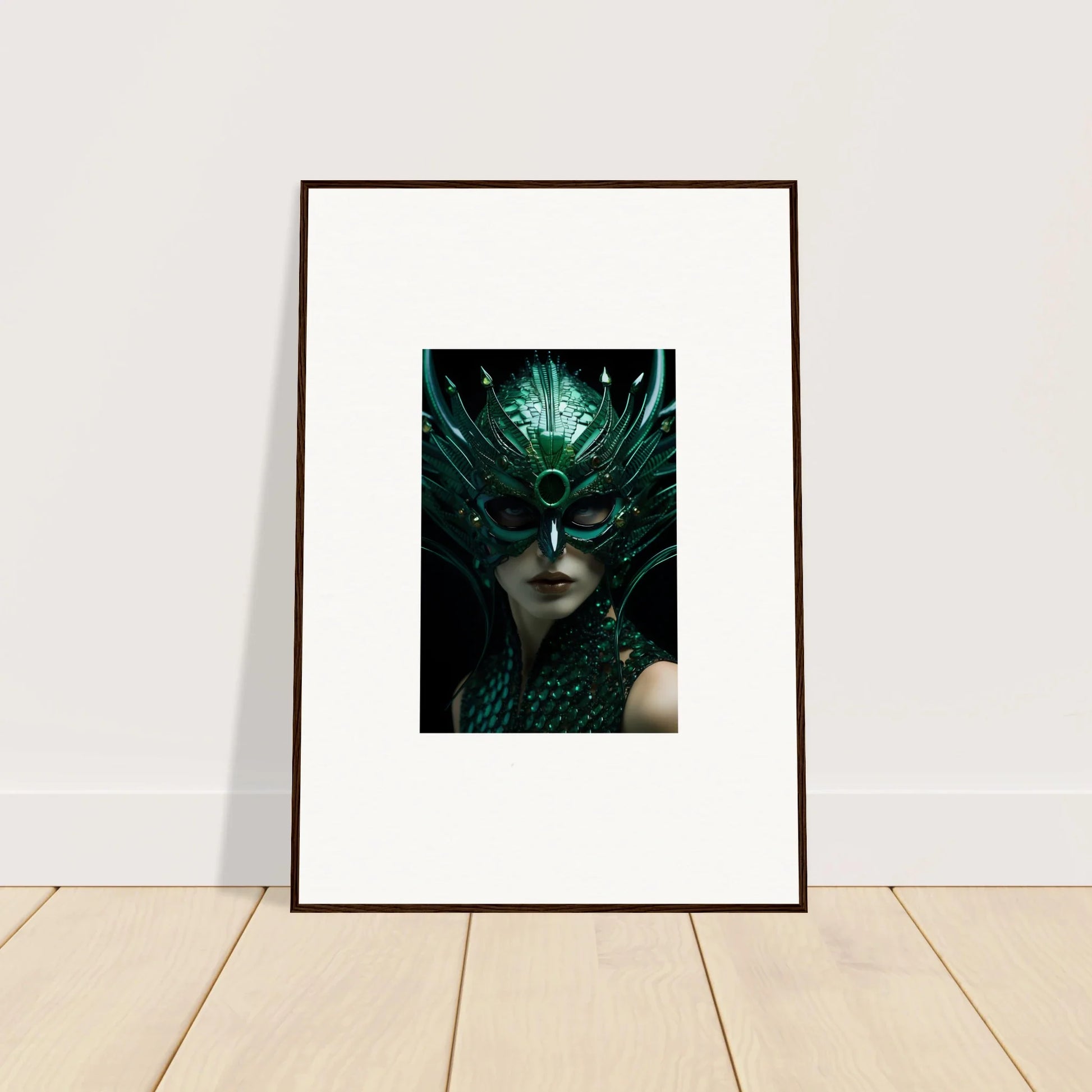 Framed canvas print of a shadowy figure in a green-feathered headdress for room decoration