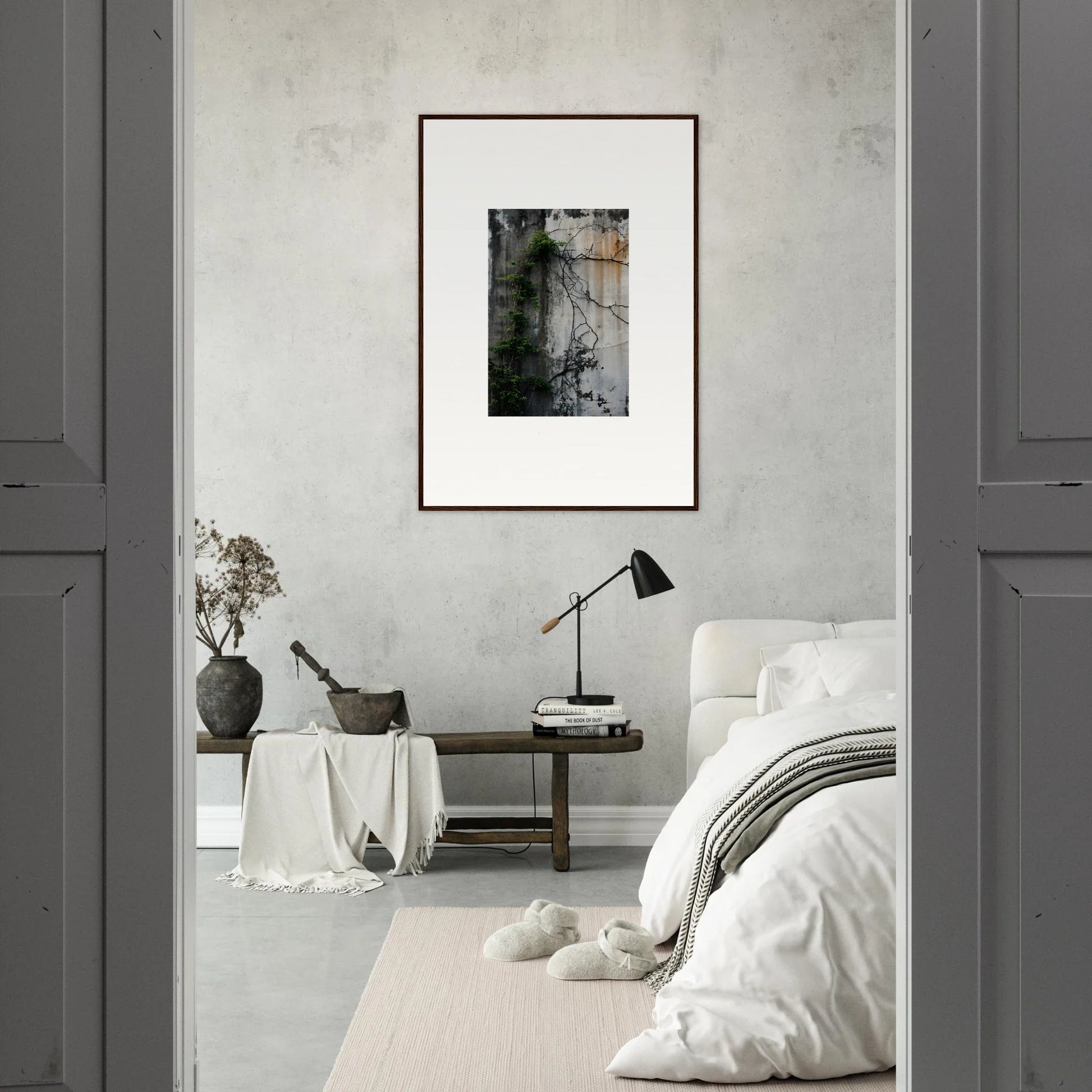 Minimalist bedroom featuring a canvas print of Urban Tango as the room decoration focus