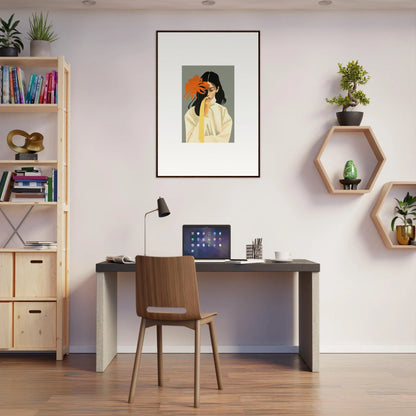 Home office workspace featuring Flower Dreams Eternity canvas print and cozy decor