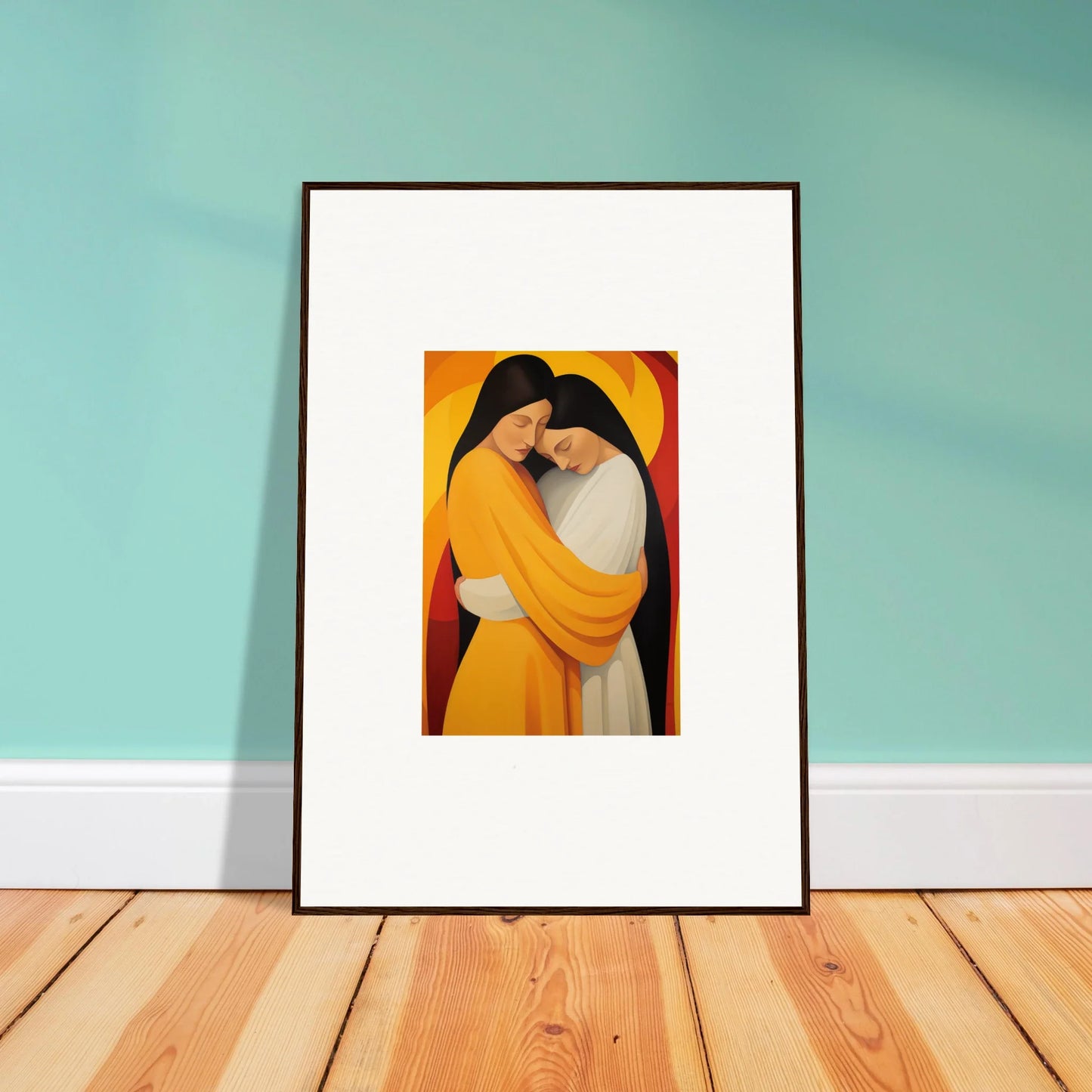 Framed sun nyah canvas print of two embracing figures in vibrant yellow and white for room decoration