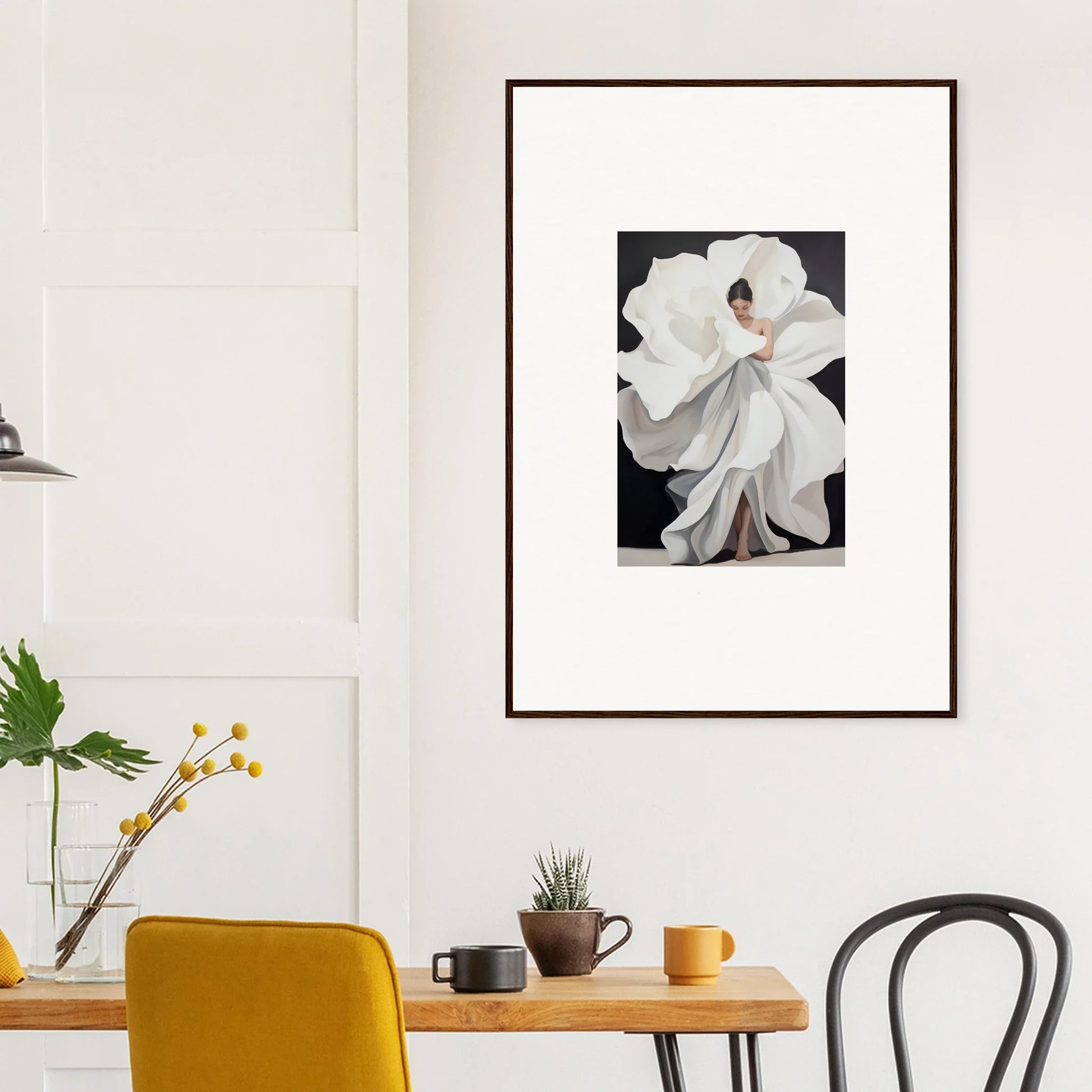 Framed canvas print of a figure in a flowing white dress for dreamy room decoration