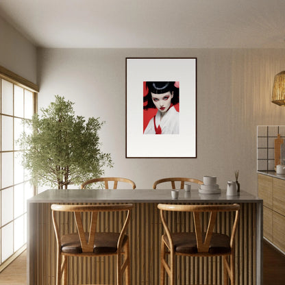 Stylish dining area with cherry dream theme, table, chairs, and stunning canvas print art