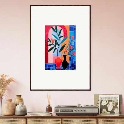 Framed wall art showcasing colorful ceramic blooms with plants in a geometric design