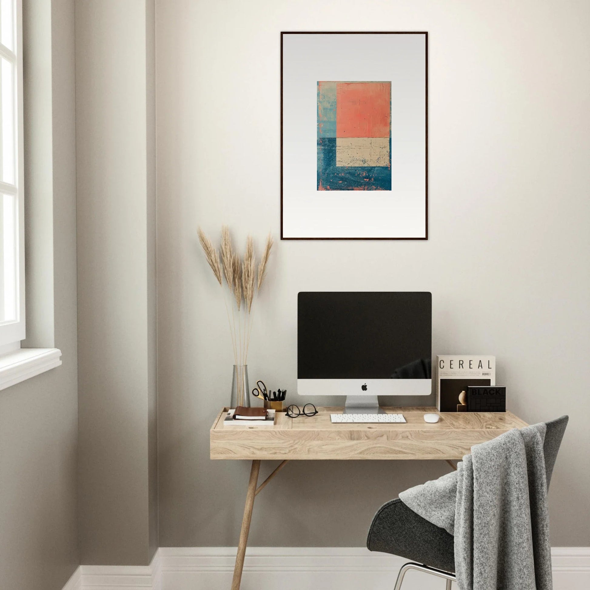 Minimalist wooden desk setup featuring Palette Whispers canvas print and office gear