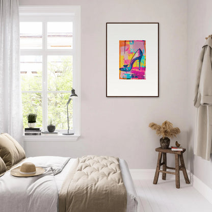 Colorful abstract painting of a high-heeled shoe as framed wall art for unique room decor