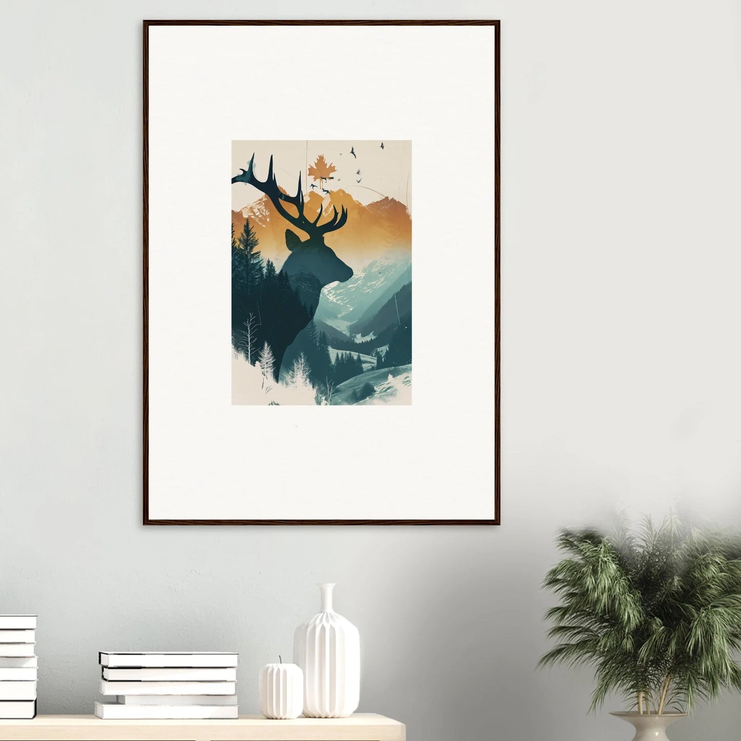 Framed canvas print of a stag haze silhouette in a stunning mountain scene for room decoration