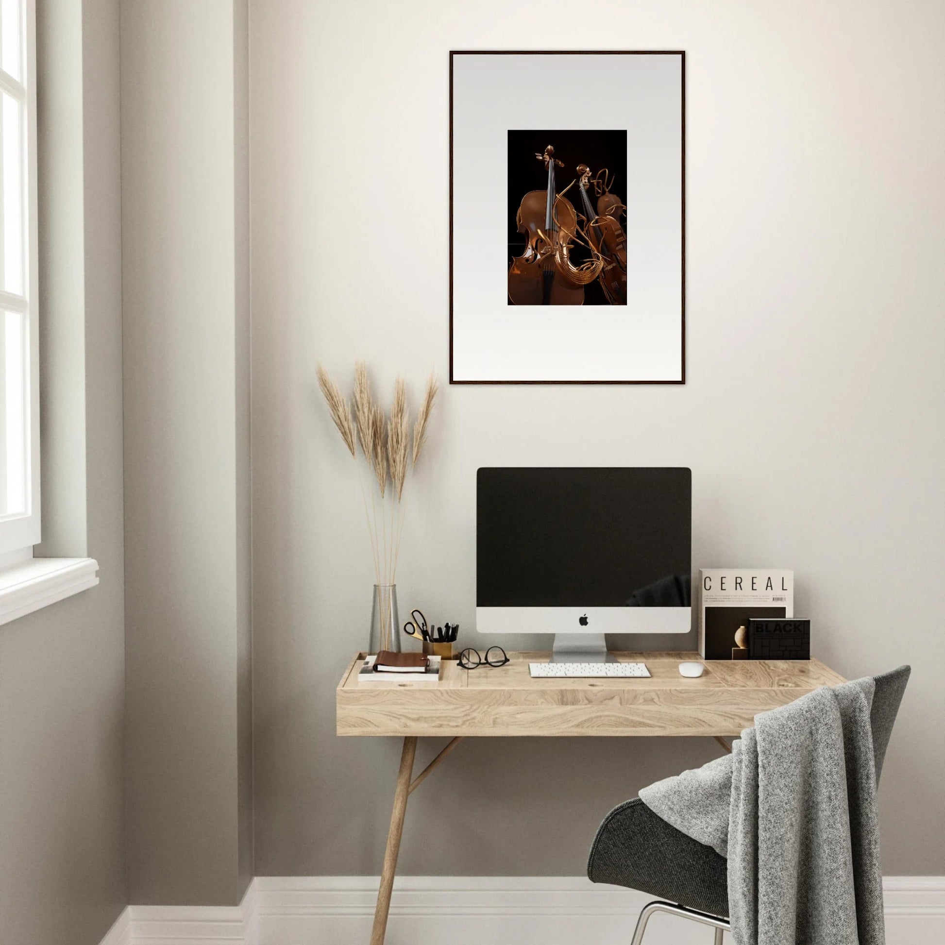 Minimalist wooden desk with a computer, perfect for Strings Opera room decoration