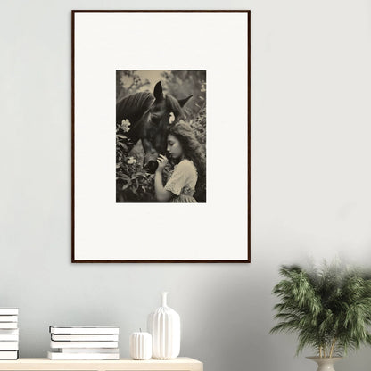 Framed black and white photo of a woman and donkey for cozy room decoration, Equinox Whispers