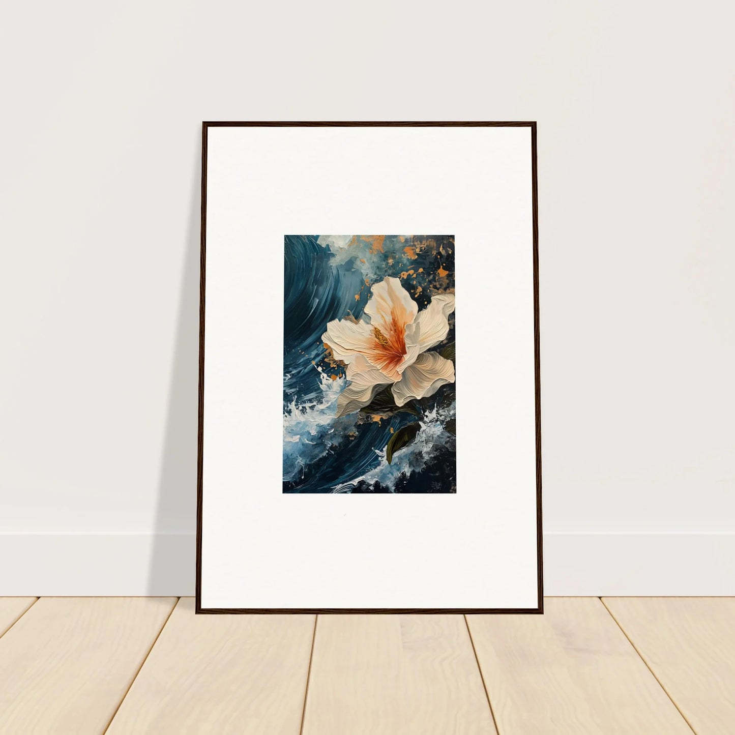 Framed canvas print of petal waves on a dark background for stylish room decoration