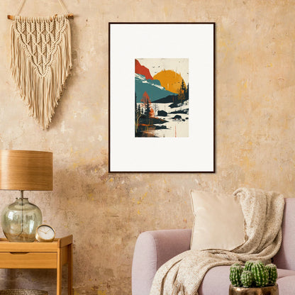 Framed abstract landscape canvas print of mountains and sunset for room decoration