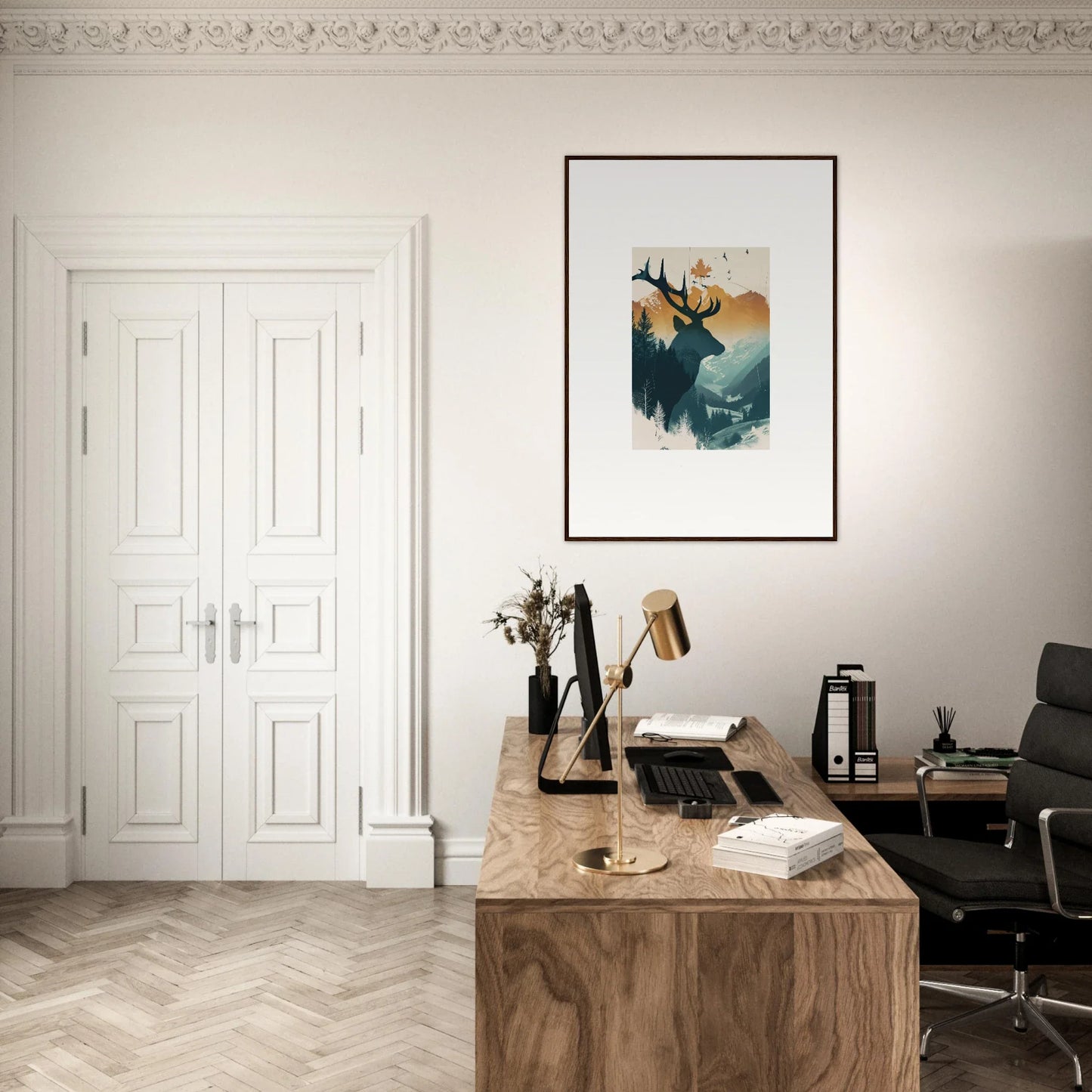 Minimalist workspace with a typewriter and decor, perfect for Stag Haze canvas print lovers