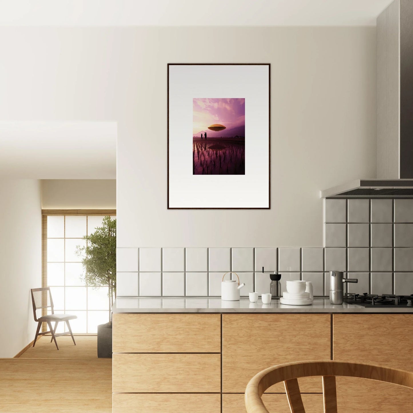 Framed canvas print of Violet Dreaming with sunset landscape and silhouetted plants