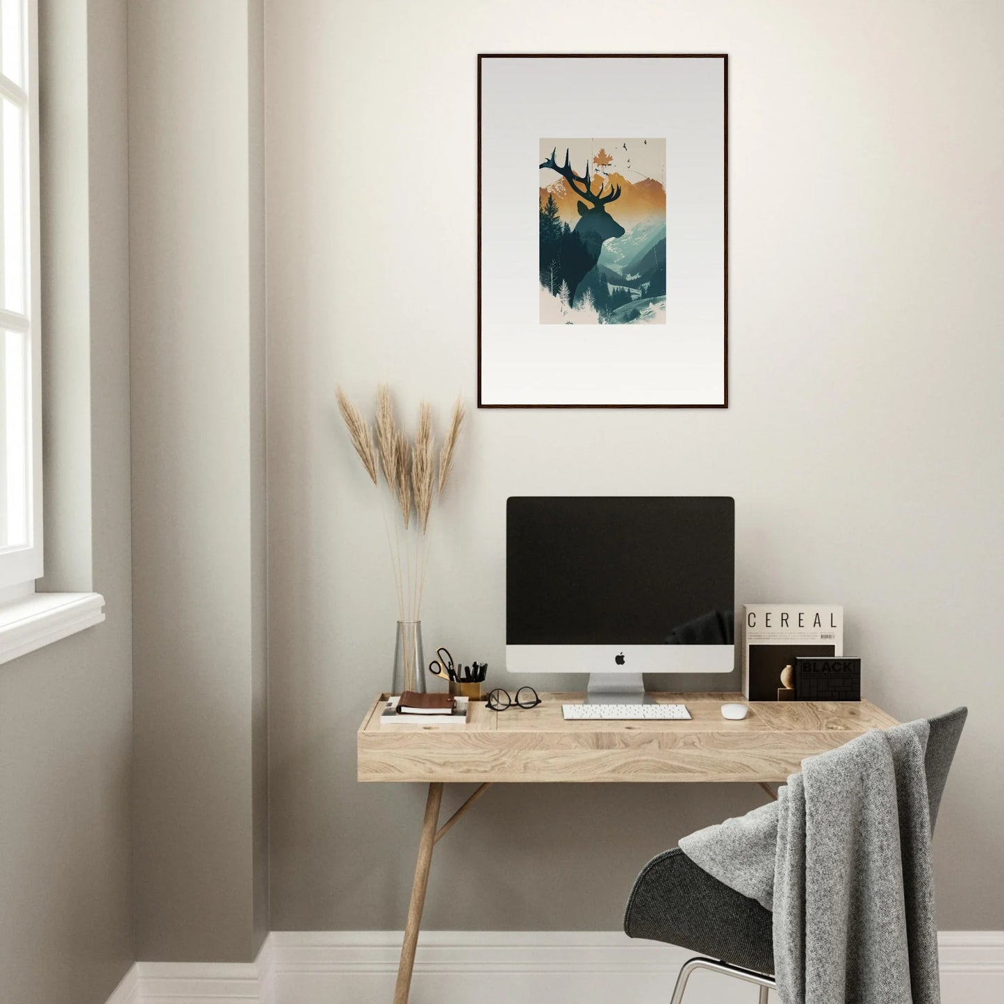 Minimalist wooden desk with computer and Canvas Print stag haze for stylish room decoration