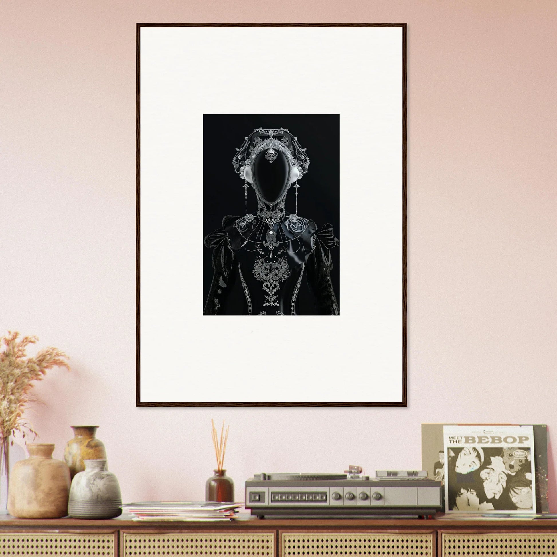 Framed black and white canvas print of an abstract skeletal figure with photon glitters