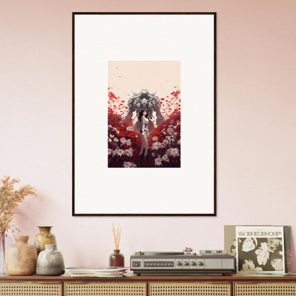 Framed canvas print of dark figure with red and white flowers, perfect for boundary whimsy room decoration