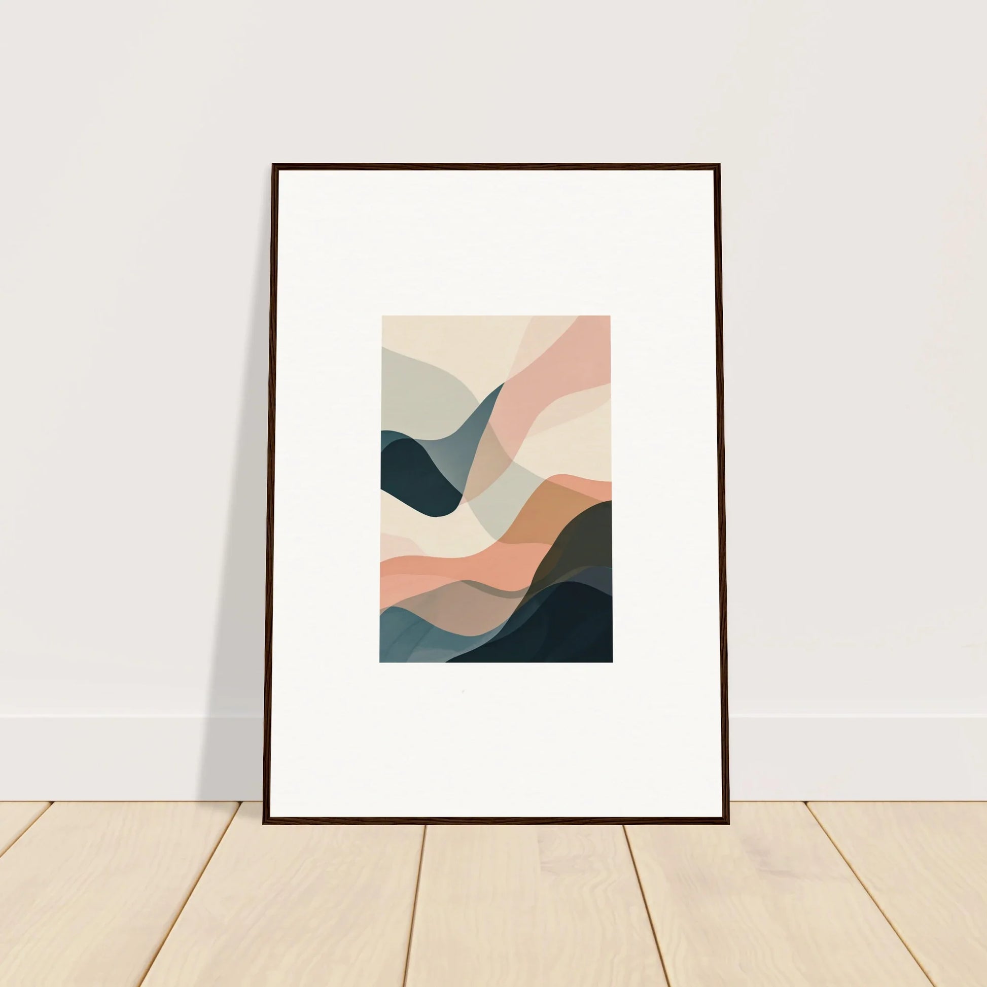 Framed abstract wall art with soft curves in pastel colors for stylish room decoration