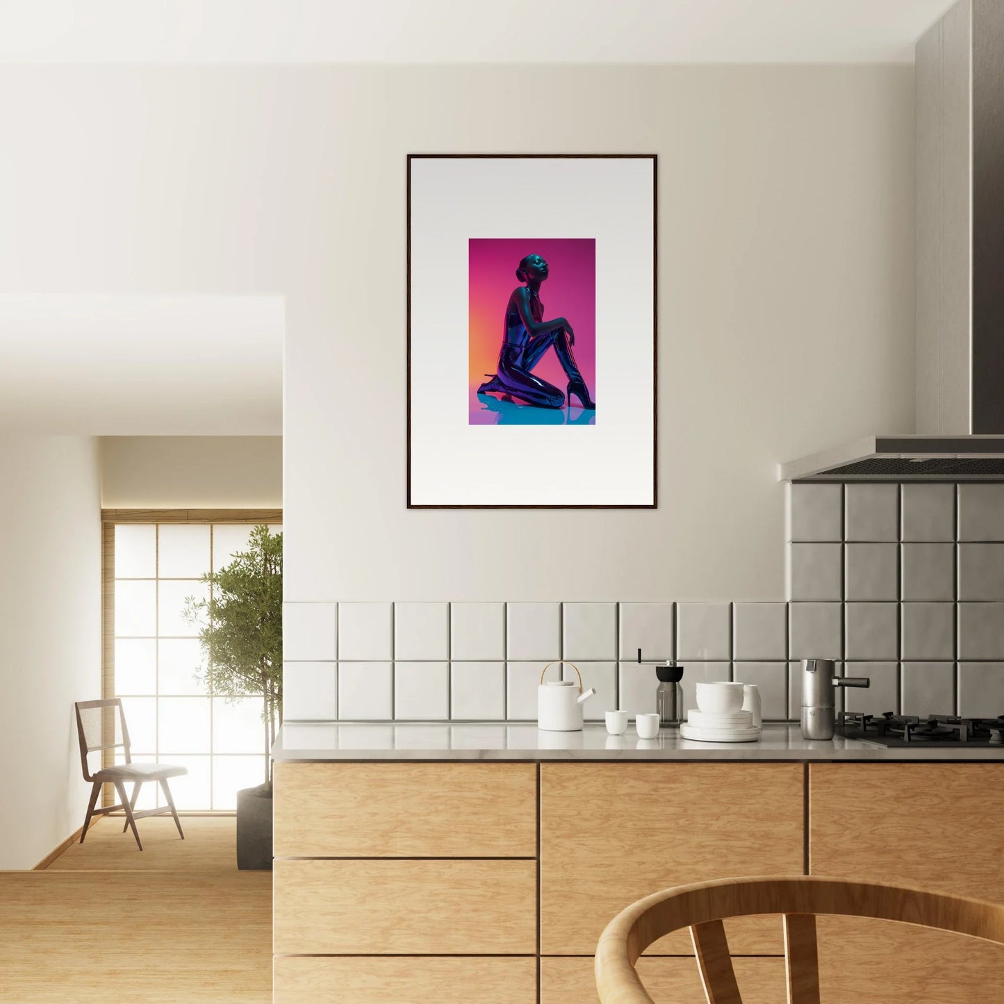 Framed canvas print of a silhouetted figure in the Neon Vortex for cool room decoration