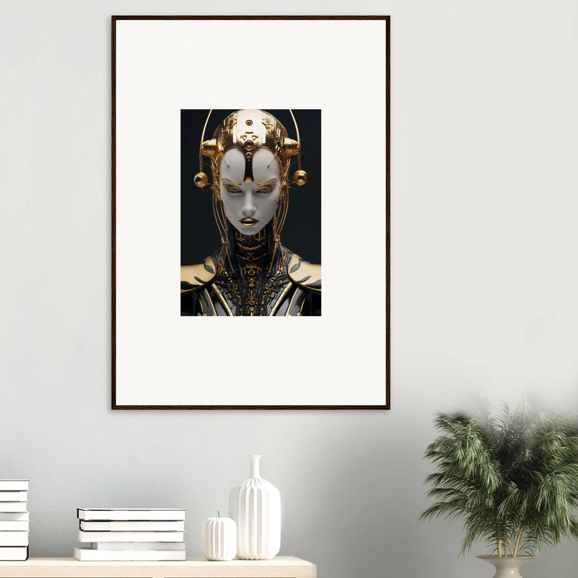 Futuristic robotic figure art with golden headdress, perfect for unique room decoration