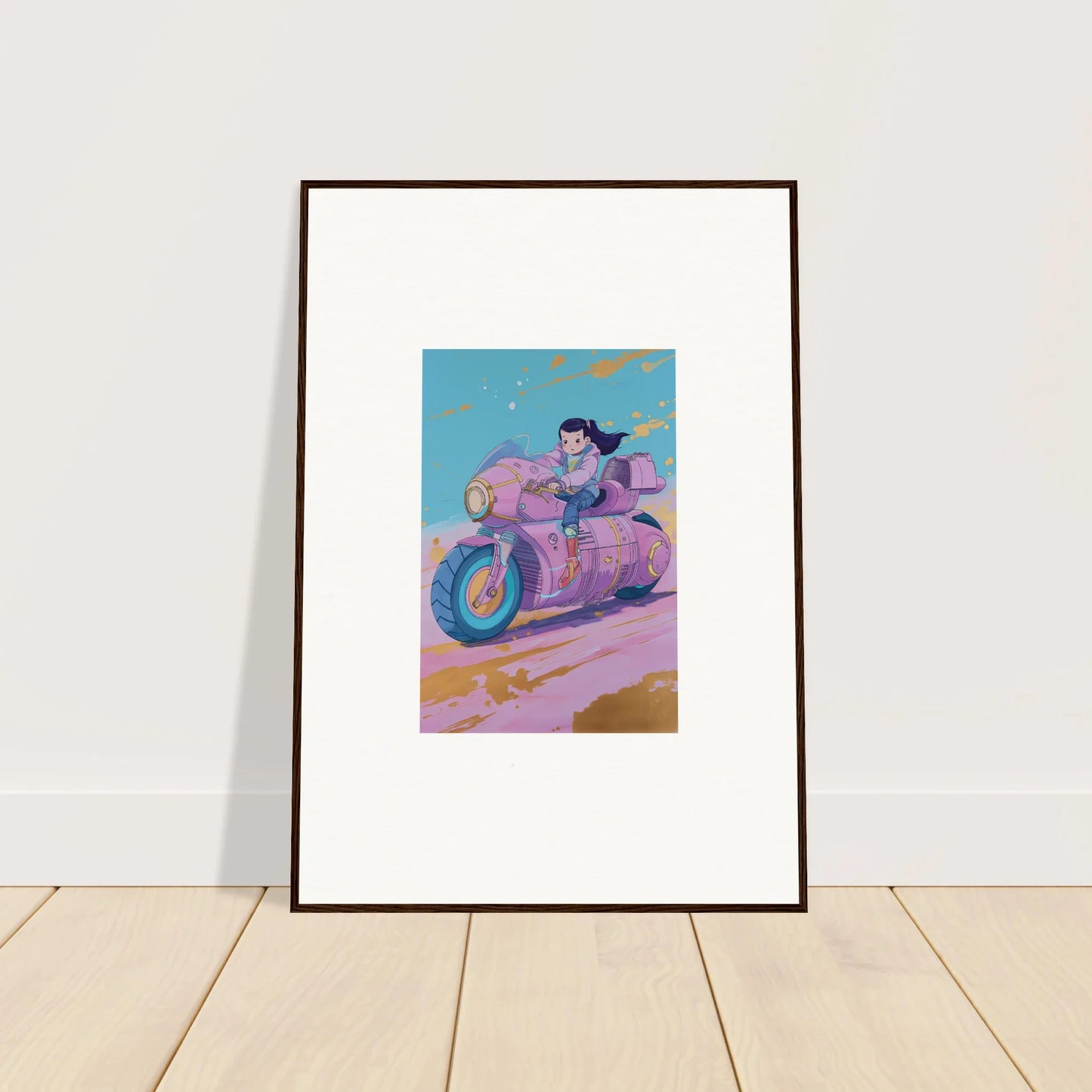 Framed canvas print of a cartoon character on a pink motorcycle for fun room decoration