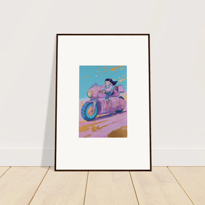 Framed canvas print of a cartoon character on a pink motorcycle for fun room decoration