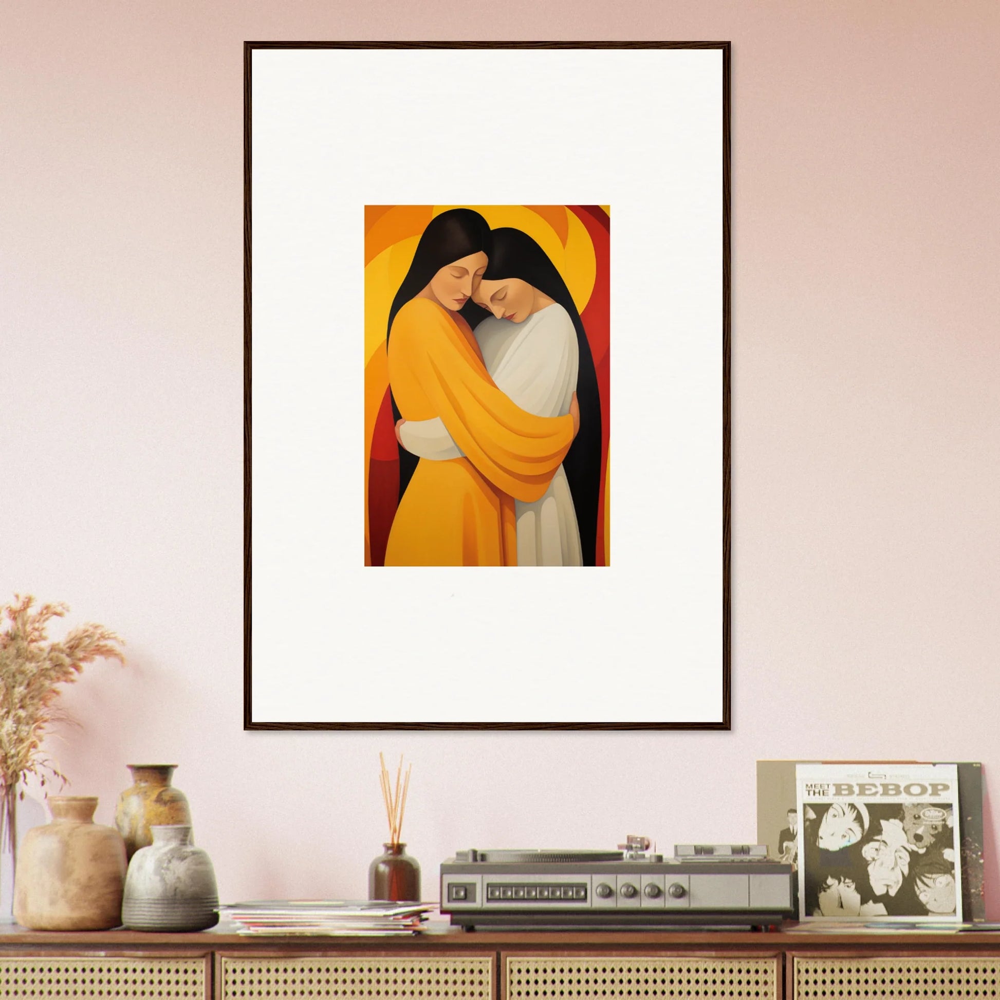 Framed canvas print of Timid Sun Nyah, two figures embracing in bright yellow hues