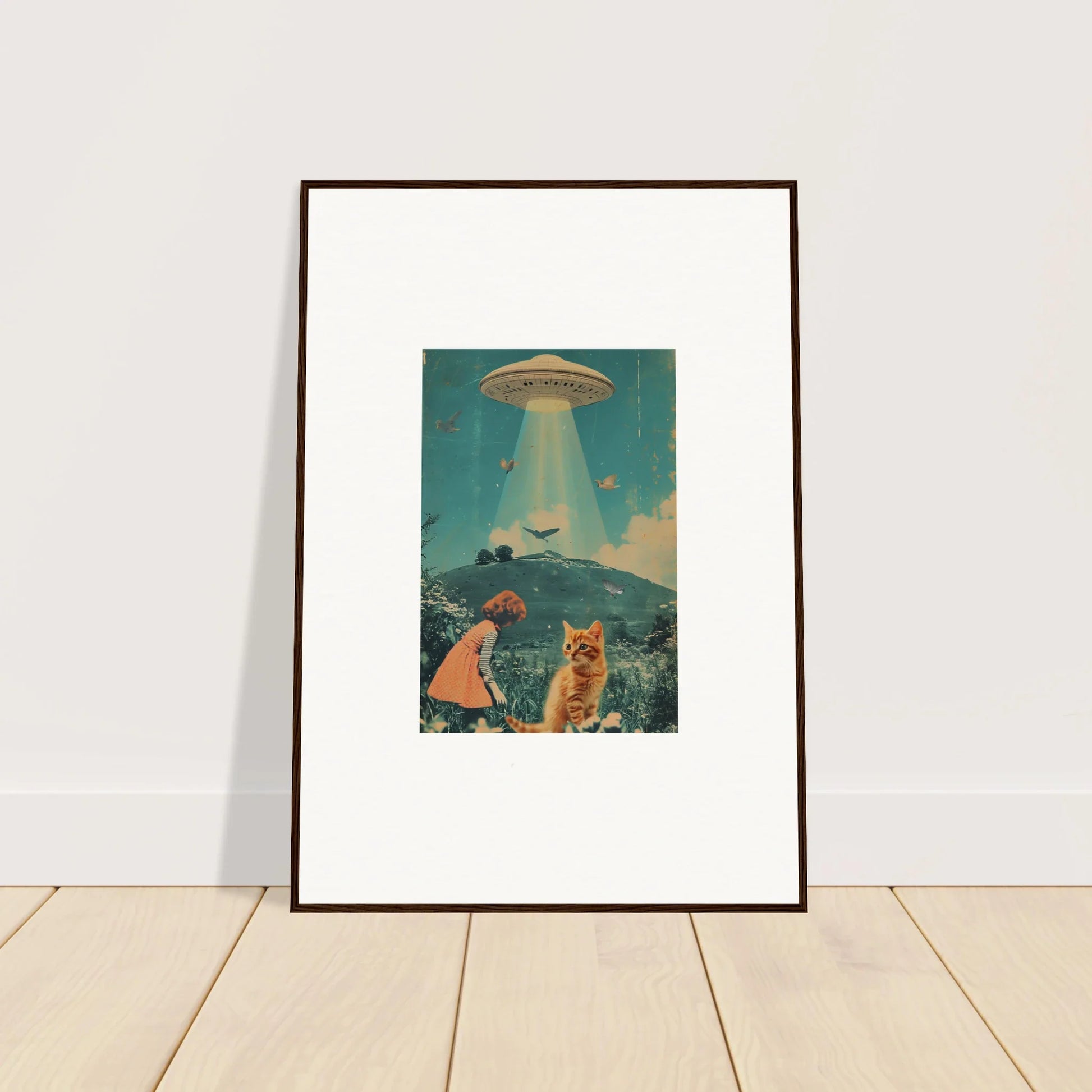 Framed canvas print of a UFO over a cat and person for unique room decoration