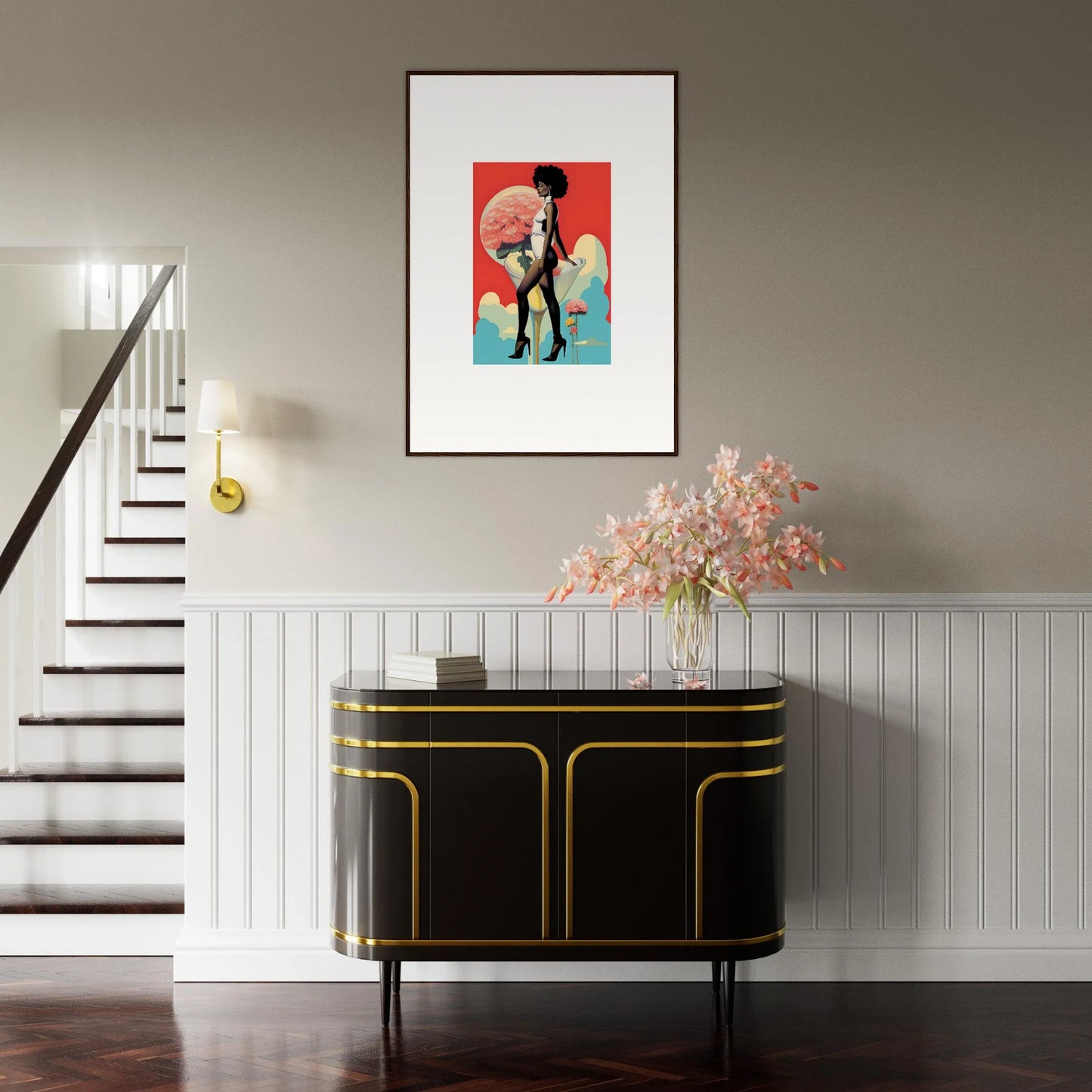 Framed canvas print of colorful artwork with a guitar for floral highs room decoration