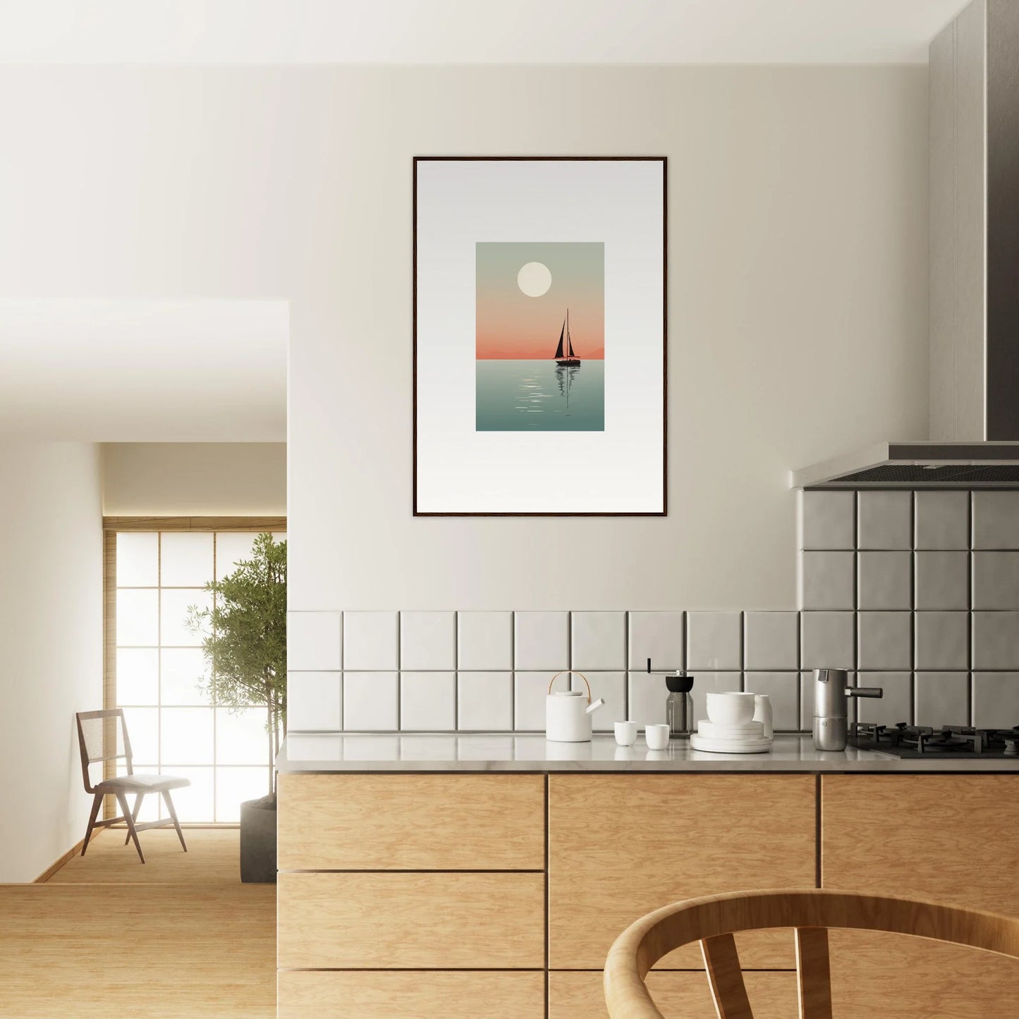 Framed canvas print of a sailboat silhouette in Nautical Harmonies for room decoration