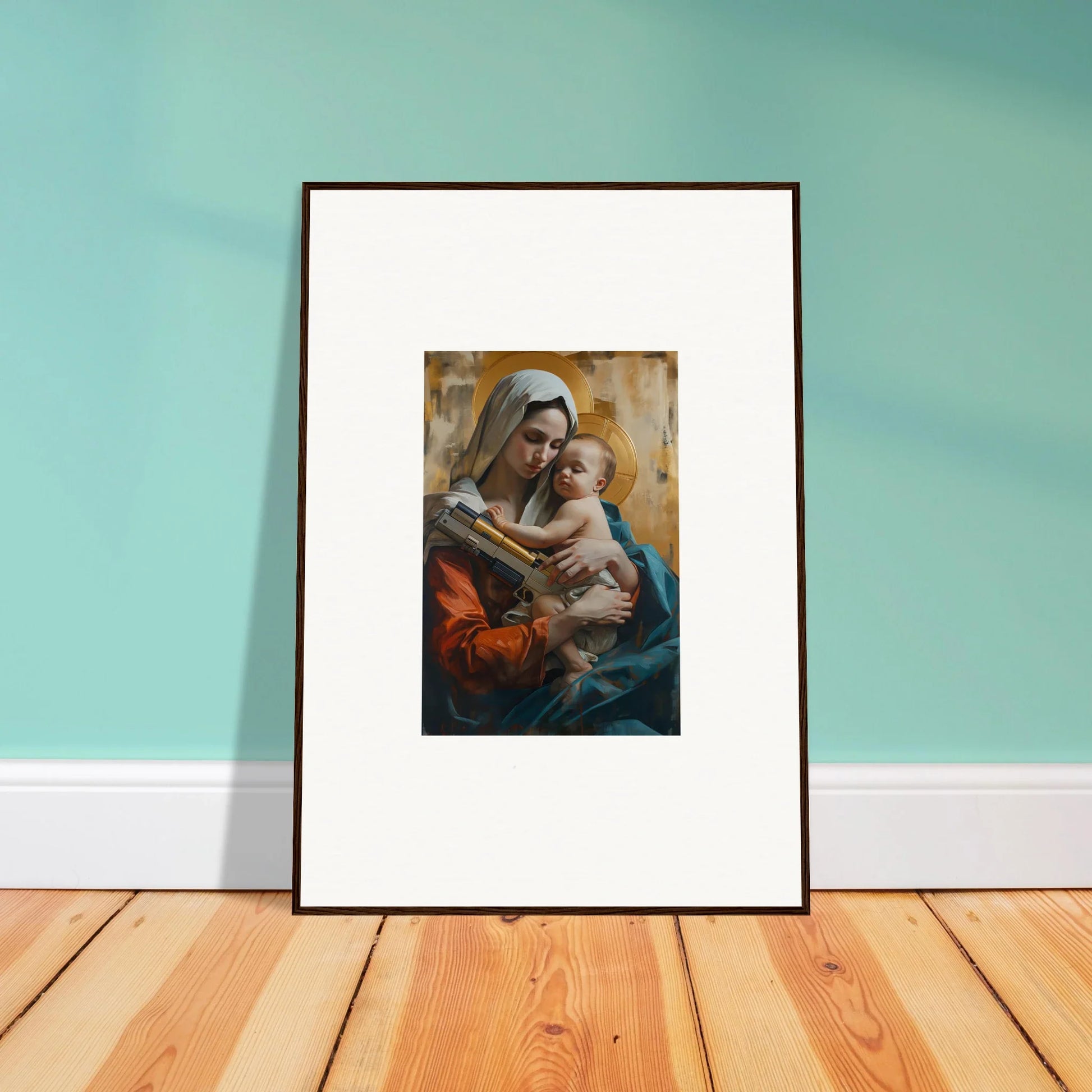 Framed canvas print of a woman embracing a baby, perfect for room decoration wall art