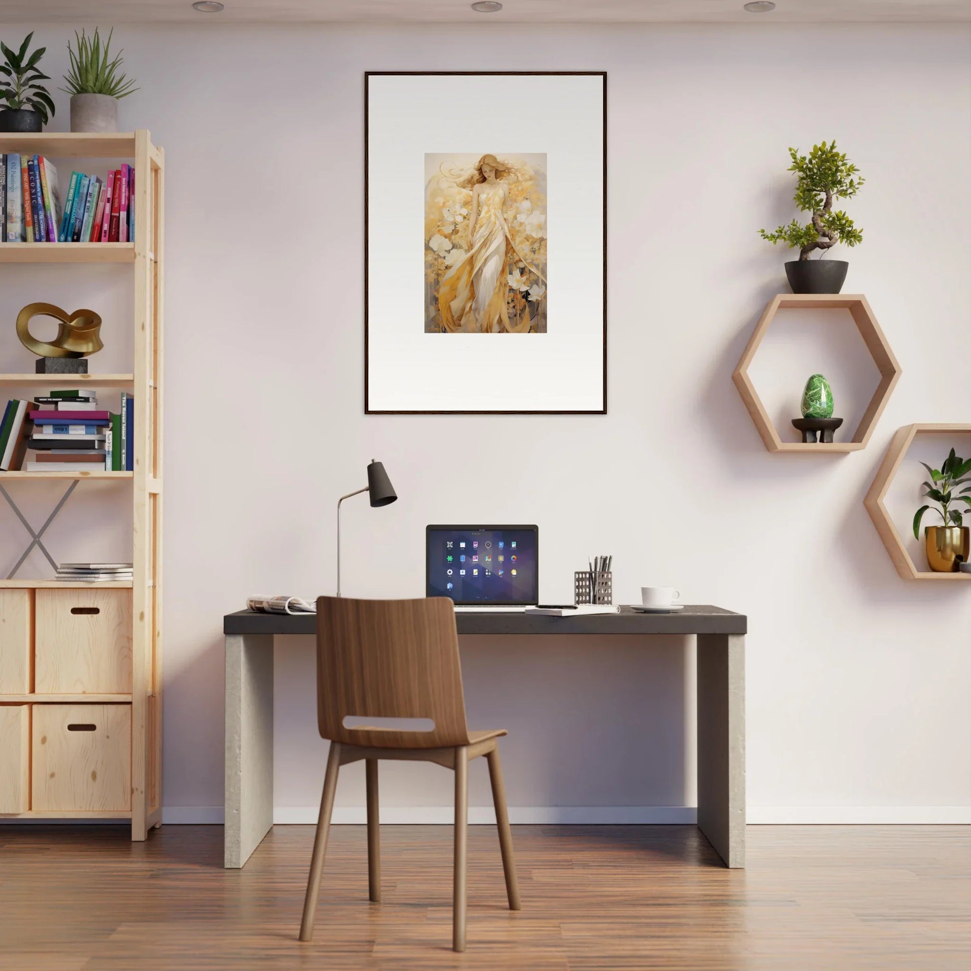 Home office with a desk and chair, featuring Whispering Petals canvas print decor