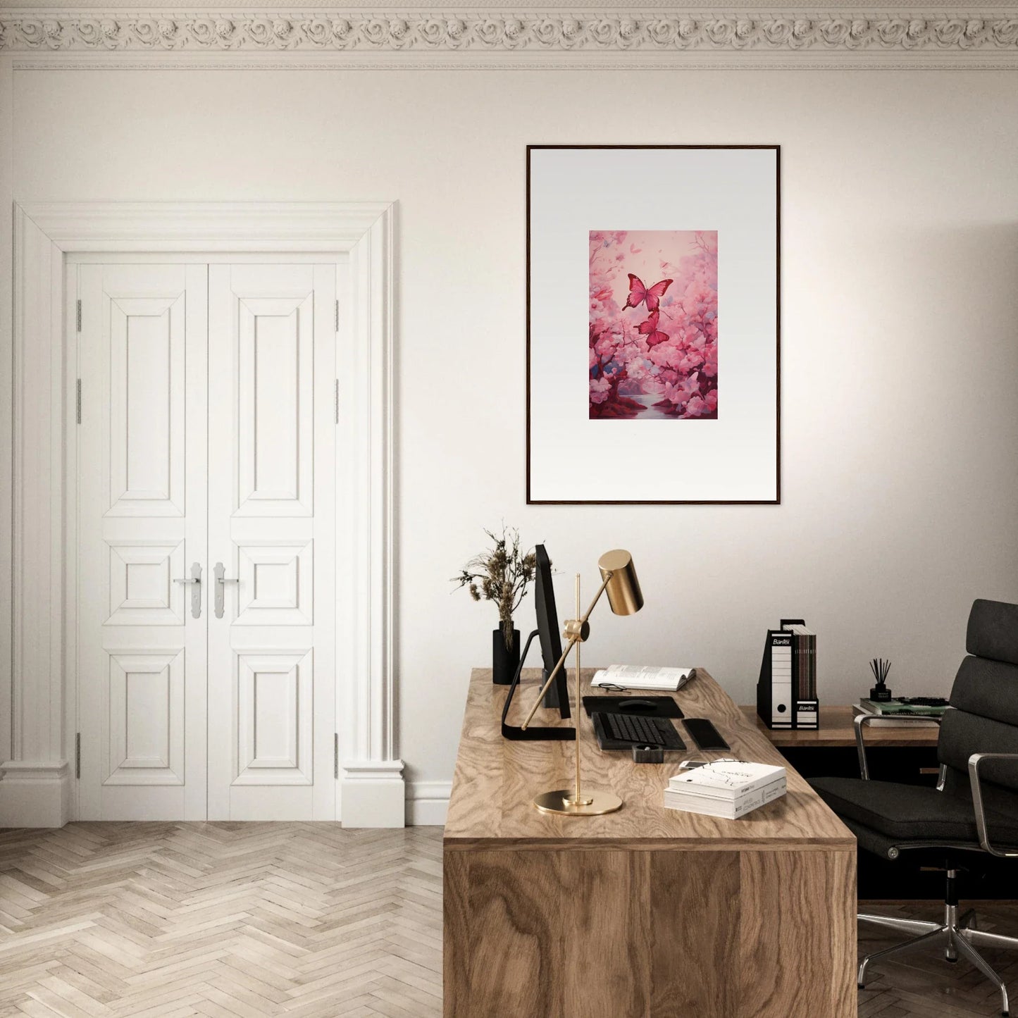 Elegant home office with wooden desk and pink canvas print for spring euphoria vibes