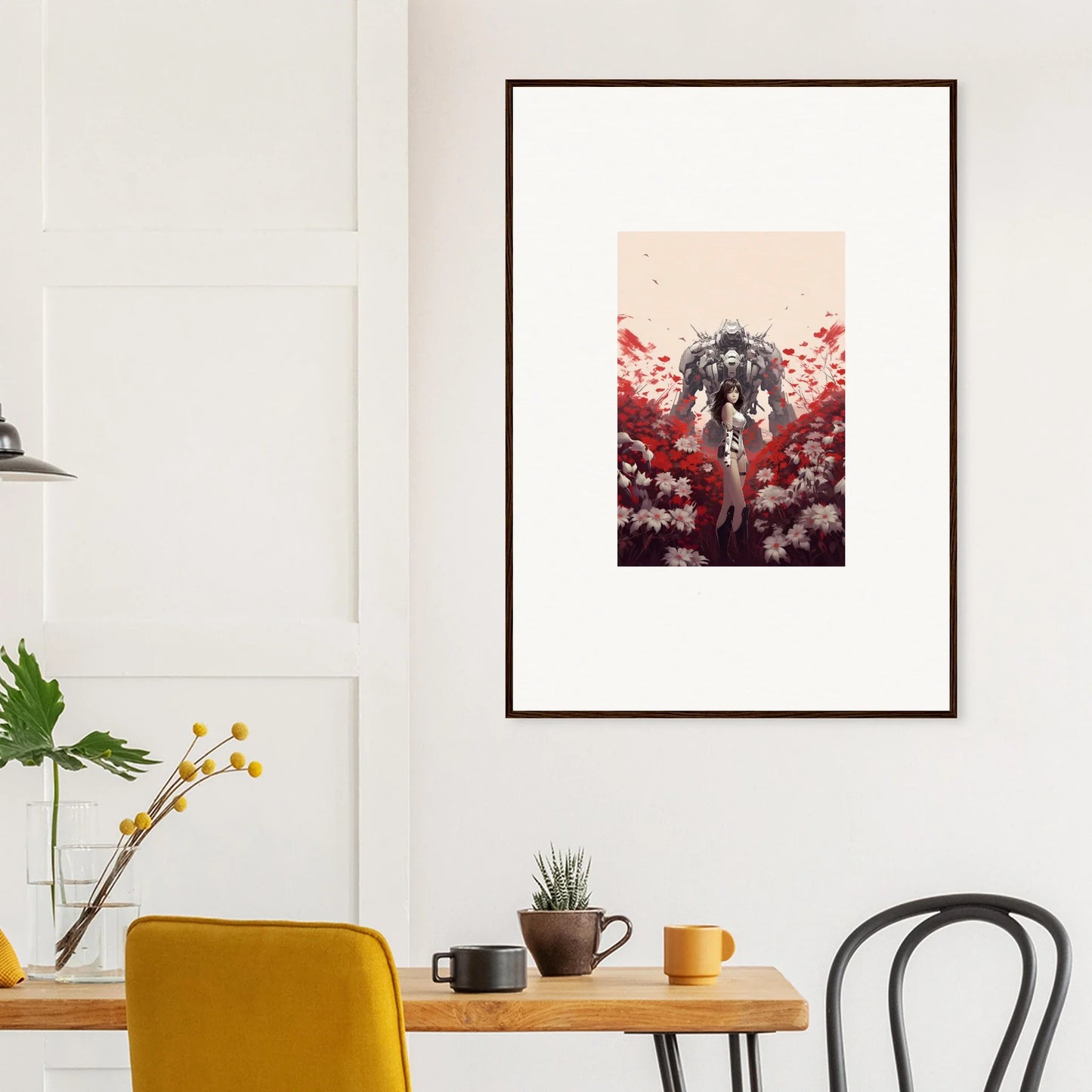 Framed canvas print of a dark figure in red foliage for boundary whimsy room decoration