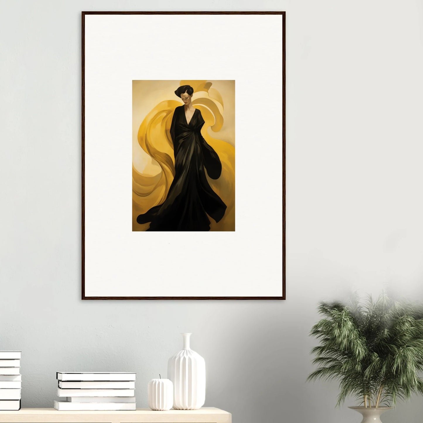 Elegant figure in a black dress with sun waves backdrop for chic room decoration