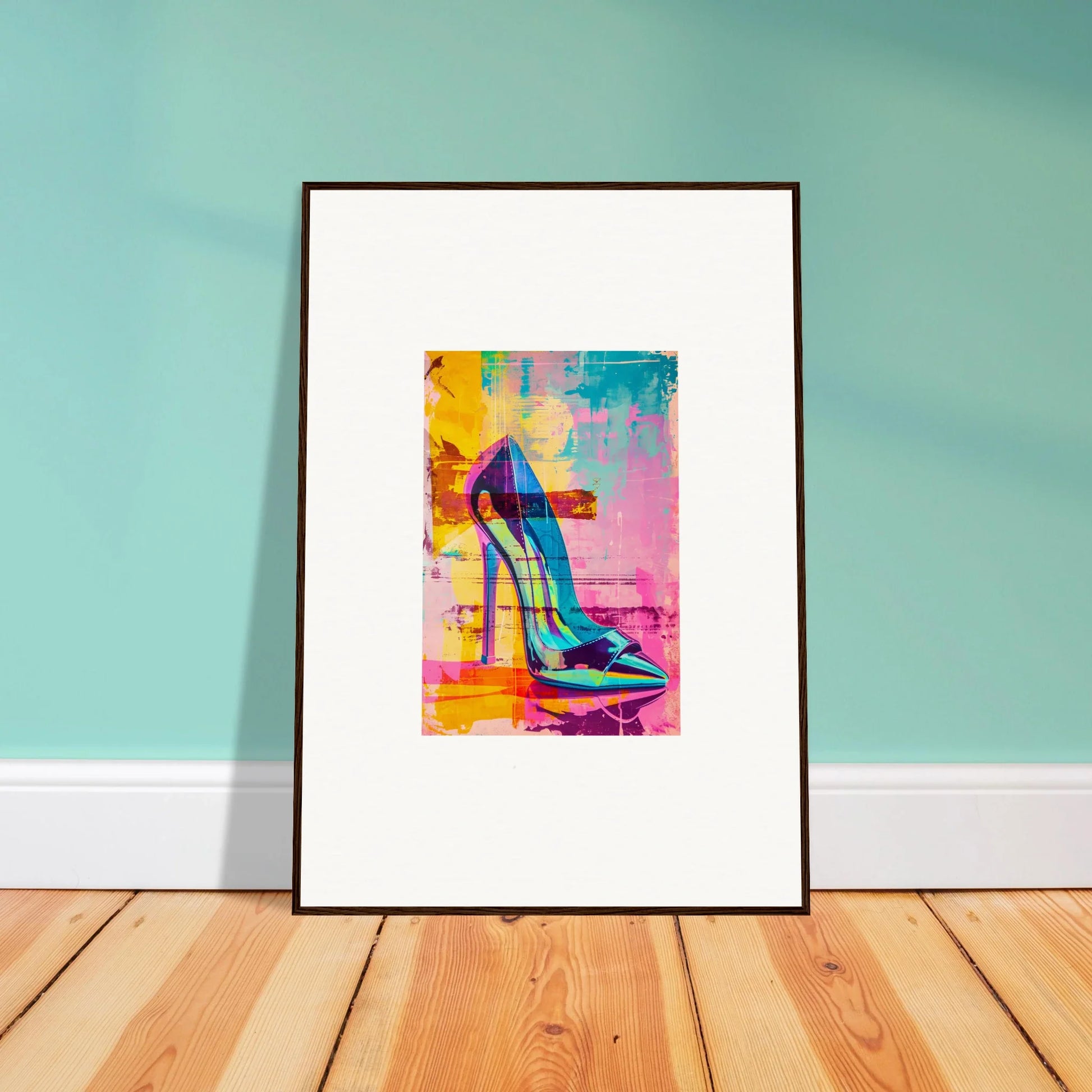 Framed wall art of a colorful high-heeled shoe for stylish room decor in Noir Reverie